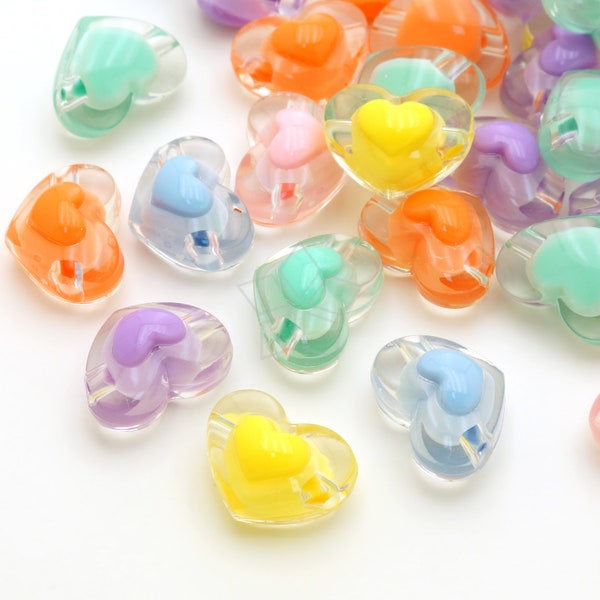 AR250 / 30 Pcs - Color Inside Transparent Heart Beads, Multicolored Heart Bead Spacer, Clear Acrylic Beads Mixed Color / 17x13mm