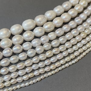 FW02 / 1 Strand - AA Natural Fresh Water Pearl Beads White Oval Rice Shape Beads 3mm 5mm 6mm 8mm 9mm 11mm 12mm 14&quot; Strand
