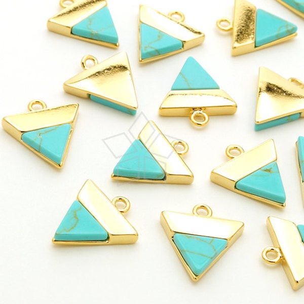 PD-1801-GD / 2 Pcs - Gemstone Metal Mix Pendant, Turquoise Inverted Triangle Charm, Gold Plated over Brass / 12mm x 13mm