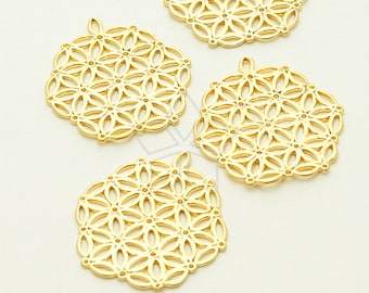 PD-999-MG / 2 Pcs - Seed of Life Pendant, Round Daisy Flower Filigree Pendants, Matte Gold Plated over Brass / 21mm x 23mm