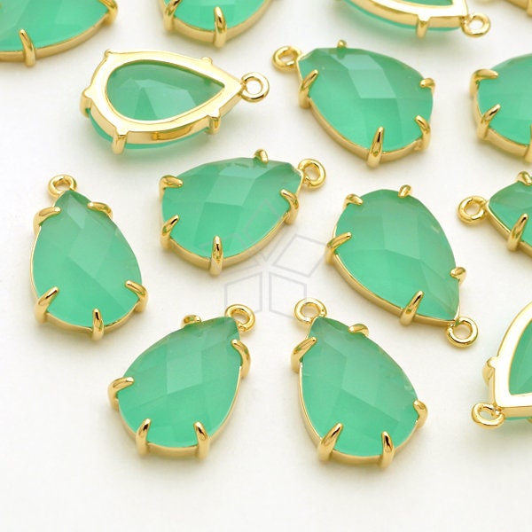PD-2770-GD / 2 Pcs - Faceted Glass Tear Drop Stone Pendant (Mint Green Opal), Glass Drop Charms, Gold Plated Brass Setting / 8.9mm x 15mm