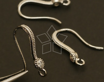 EA-096-OR / 4 Pcs - Shapely Single Stone Hook Ear Wires, Silver Plated over Brass / 18.5mm