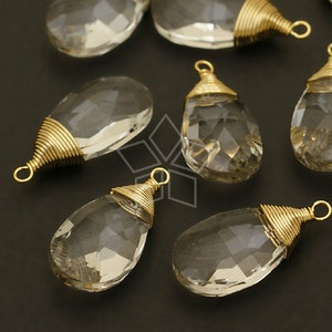 GS-101-GD / 2 Pcs - Crystal Wire Wrapped Flat Drop, Crystal Gemstone Teardrop Charm Pendant, Gold Plated Brass Wire / 9x20mm