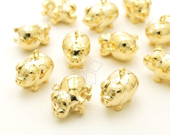 PD-3376-GD / 1 pieza - Amuleto de la suerte de cerdo dorado, colgante de animal en miniatura 3D, amuleto para pulsera, chapado en oro sobre latón / 16 mm x 12 mm