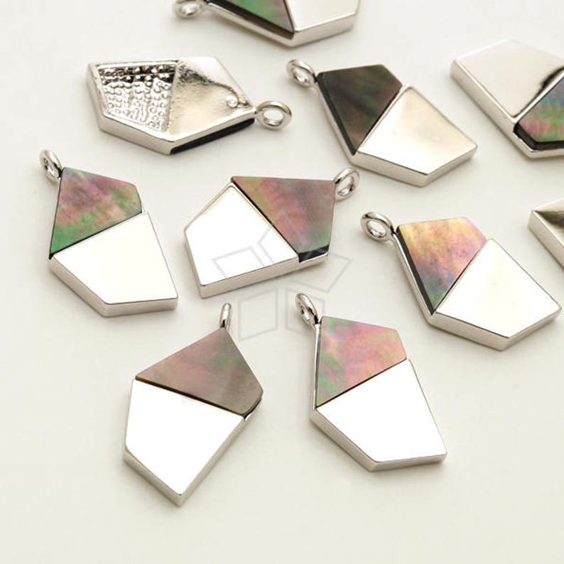 Small Pentagonal Geometric Pearl Shell Pendant Black MOP Shell Pendant Silver Plated Brass Frame 10mm x 18mm PD-2416-OR 1 Pcs