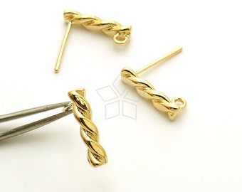 SI-1122-GD / 2 Pcs - Twisted Stick Stud Earrings, Gold Plated Twisted Bar Ear Posts, 925 Sterling Silver Post, DIY Jewelry Findings / 13mm