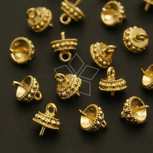 CP-039-GD / 4 Pcs - Round Box Bead Cap with Peg for Half-Drilled Pearl Drop, Gold Plated over Brass / 5.5mm