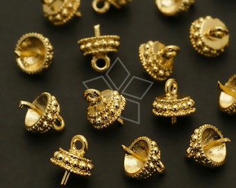 CP-039-GD / 4 Pcs - Round Box Bead Cap with Peg for Half-Drilled Pearl Drop, Gold Plated over Brass / 5.5mm