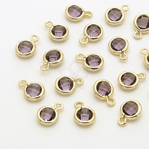 PD-3051-GD / 2 Pcs - Cute Birthstone Charms, February Birthstone, Amethyst Round Pendant, Gold Plated Brass Bezel / 5.3mm