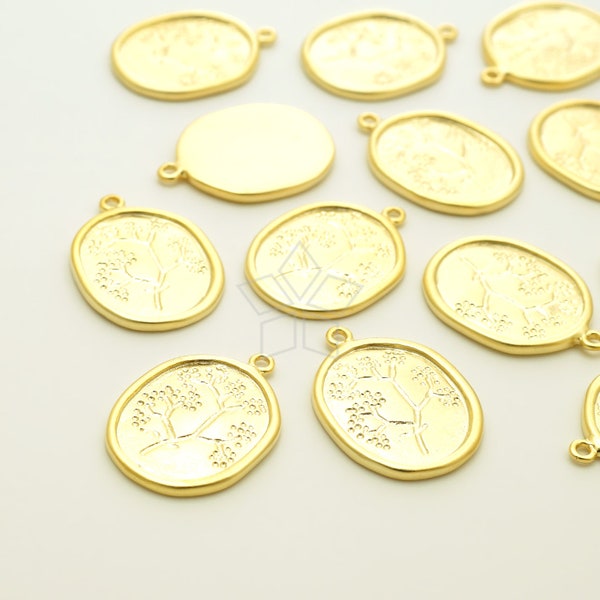 PD-3040-MG / 2 Pcs - Flowering Tree Oval Pendant, Tree Design Oval Coin Charm. Matte Gold Plated over Brass / 14mm x 19mm
