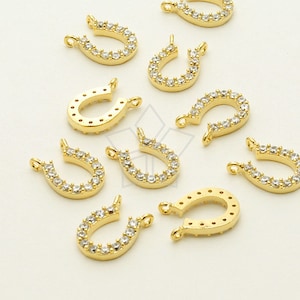 PD-807-GD / 2 Pcs - Tiny CZ Horseshoe Pendant for Necklace, Two Loops Sideways Horseshoe Charm, Gold Plated over Brass / 5.6mm x 7.9mm