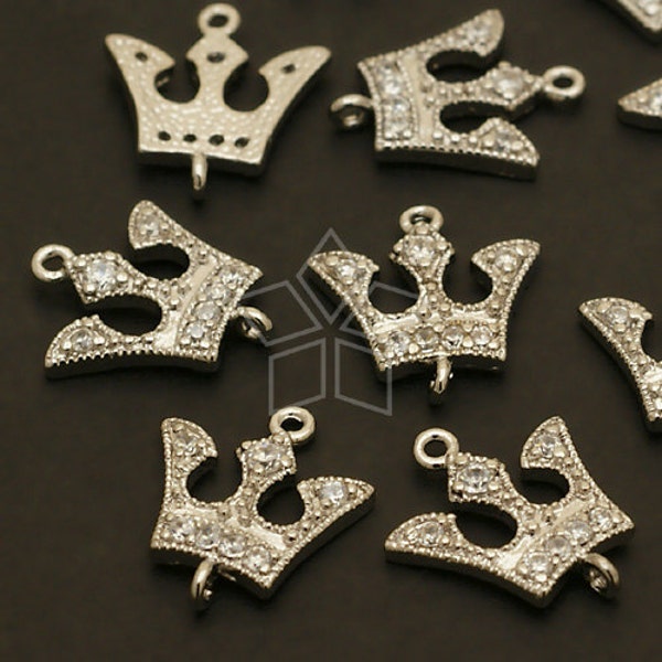 PD-139-OR / 2 Pcs - Jewel Tiara Pendant, Tiny CZ Crown Connector, Two Loops Tiara Charm, Silver Plated over Brass / 12mm x 14mm