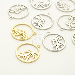 PD-2020-OP / 2 Pcs - Palm Tree in Circle Pendant, Coconut Tree Pendant, Tropical Tree Pendant, Choose Color! / 18mm