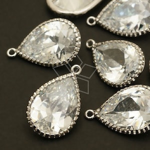 ZC-121-OR // 2 Pcs - Vintage Cubic Zirconia Pear Drop, Large Size CZ Teardrop Rhodium Silver Bezel Charm Pendant / 13x20mm
