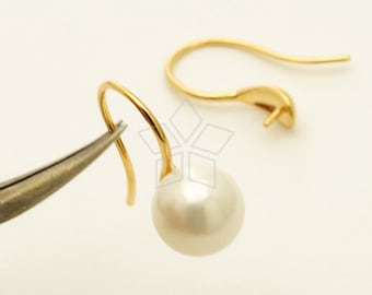 EA-207-GD / 4 Pcs - Hook Ear Wires For Half-drilled Pearl or Gems, DiY Pearl Earrings Making Findings, Gold Plated over Brass / 16mm