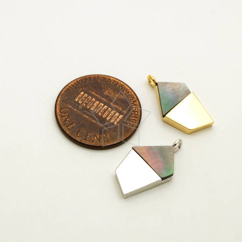 Small Pentagonal Geometric Pearl Shell Pendant Black MOP Shell Pendant Silver Plated Brass Frame 10mm x 18mm PD-2416-OR 1 Pcs
