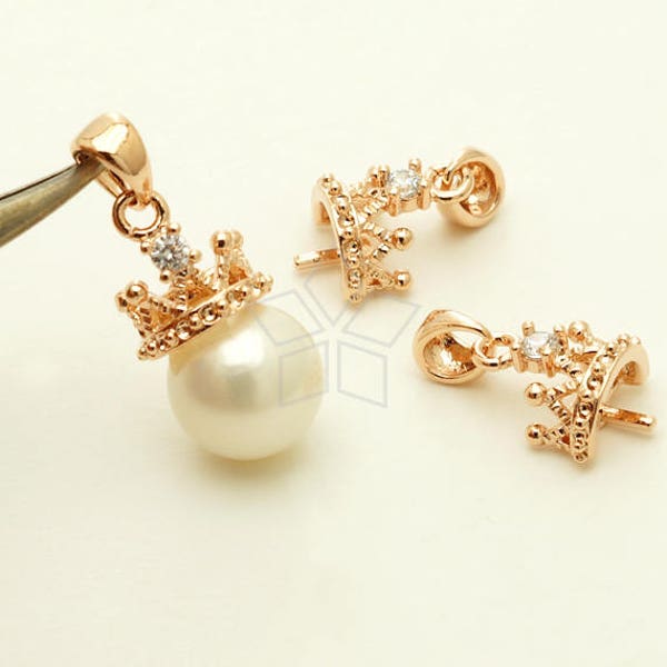 PD-2282-RG / 2 Pcs - Tiara Dangle Pendant for Half Drilled Pearl, Dainty Crown Pendant, Rose Gold Plated over Brass / 8mm x 12mm