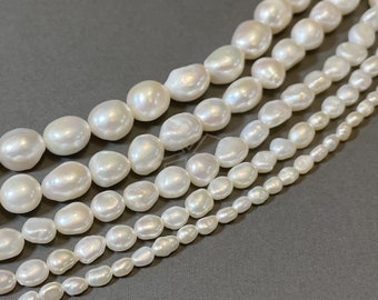 FW04 / 1 Strand - Natural Fresh Water Pearl Beads White Side Drill Nugget Oval Beads 3mm 4mm 5mm 6mm 8mm 14" Strand