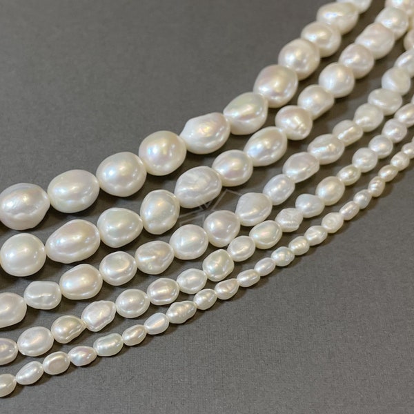 FW04 / 1 Strand - Natural Fresh Water Pearl Beads White Side Drill Nugget Oval Beads 3mm 4mm 5mm 6mm 8mm 14" Strand