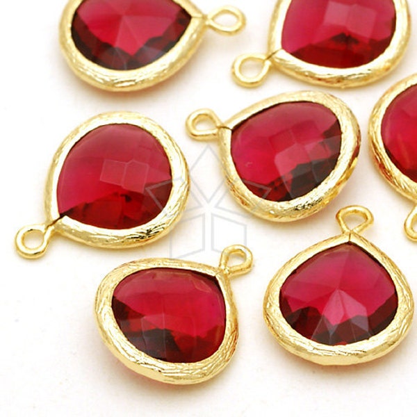 PD-258-GD / 2 Pcs - NEW Fancy Drop Pendant, Ruby Glass Stone Gemstone Charm, Gold Plated over Brass / 13mm x 17mm