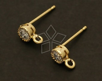 SI-312-GD / 4 Pcs - Single Cubic Zirconia Stone Earring Findings, Gold Plated Bezel 3mm CZ Ear Posts, 925 Sterling Silver Post / 3mm