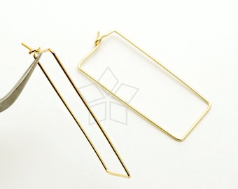 EA-194-GD / 4 Pcs - Rectangle Wire Earrings, Rectangle Hoop Earrings, Square Hook Ear Wires, Gold Plated over Brass / 15mm x 34mm