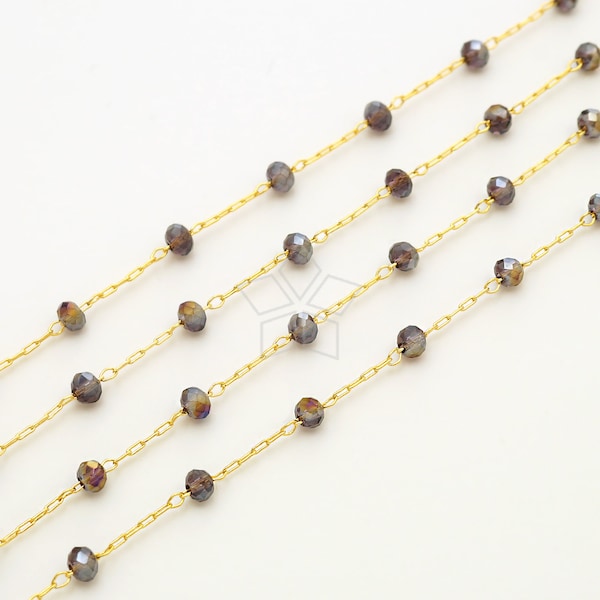 CH-172-GD / 1 meter - Crystal Rondelle Faceted Beads on Gold Jewelry Chain (Purple Satin), Gemstone Beaded, Rosary Style / 0.8mm thickness