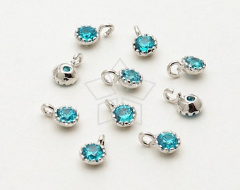 PD-739-OR / 4 Pcs - Very Tiny Round CZ Charms (Aqua Blue), Silver Plated over Brass / 3.2mm x 5mm