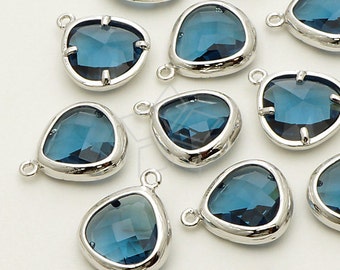 PD-716-OR / 2 Pcs - NEW Tiny Glass Stone Fancy Pendant (Montana Blue), Blue Gemstone Charm, Silver Framed / 10mm x 12mm