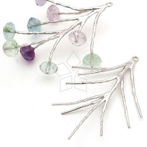 AC-174-MS / 2 Pcs - Pine Leaf Motif Charm, Branch Sprig Pendant, Matte Silver Plated over Brass / 38mm