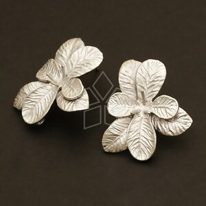 SI-408-MS / 2 Pcs - Hawaiian Flower Earrings, Leaf Ear Posts, Matte Silver Plated, 925 Sterling Silver Post / 20mm x 22mm