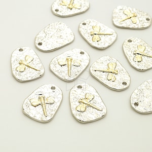 PD-3300-GS / 1 Pcs - Gold and Silver Two Tone Mix Metal Dragonfly Charms, Dragonfly Fossil Pendant, Choose Color! / 12mm x 16mm