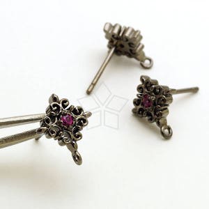 SI-855-GM / 2 Pcs - Filigree Cross Stud Earrings, Victorian Cross Post Studs (Ruby), Black Plated, with 925 Sterling Silver Post / 8.5mm
