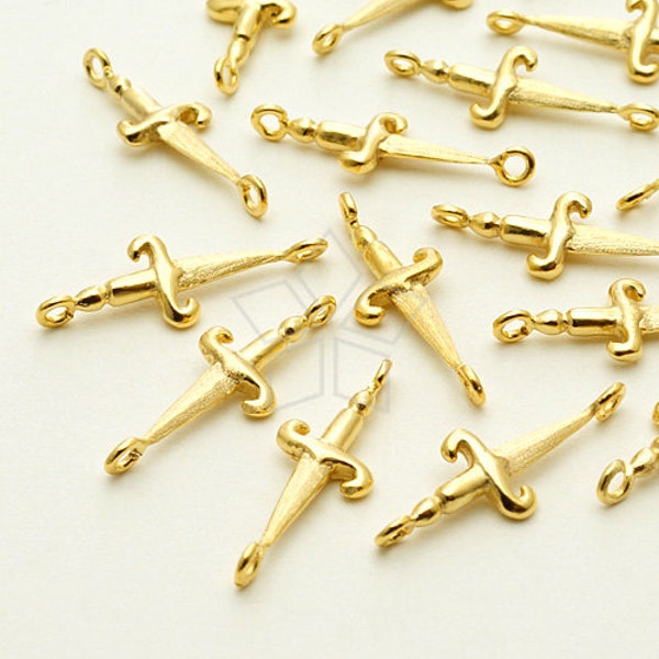 PD-952-GD / 4 Pcs - Mini Medieval Sword Sideways Pendant, Two Loops Sword Charm, Gold Plated over Brass / 6mm x 17mm