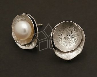 SI-291-MS / 2 Pcs - Lotus Leaf Earring Findings, Matte Silver Plated over Brass Body with .925 Sterling Silver Post / 16mm x 17mm