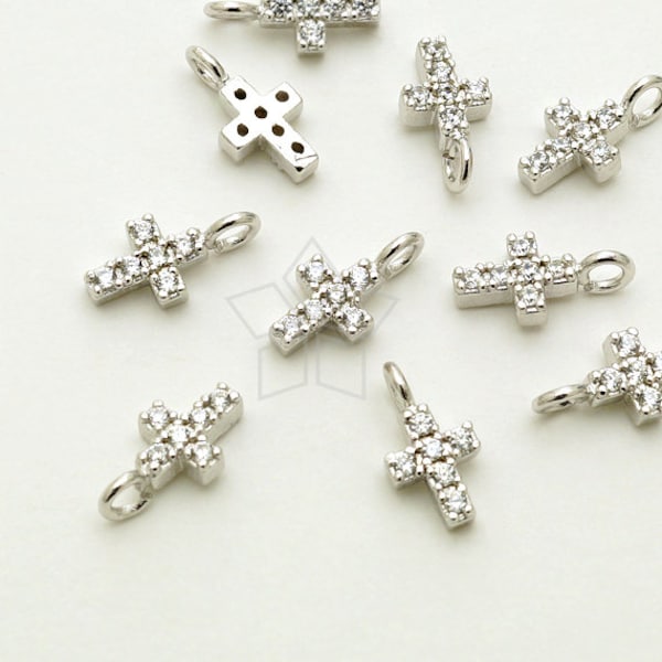 SV-145-SS / 2 Pcs - Very Tiny CZ Cross Pendant, Small Cross Charm, Tiny Cross Charms, 925 Sterling Silver / 4mm x 8mm