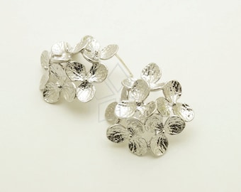 SI-772-MS / 2 piezas - Aretes de hortensia, seis flores, baño de plata mate, con pasador de plata de ley 925 / 28 mm x 27 mm
