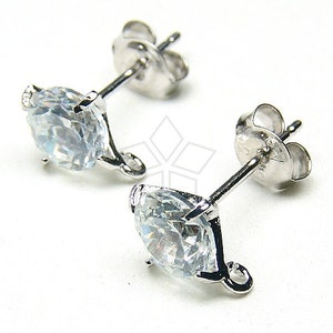 SI-070-OR / 2 Pcs - Prong Setting 6mm Cubic Zirconia Earrings Findings, Single CZ Ear Posts, Silver Plated, 925 Sterling Silver Post / 6mm