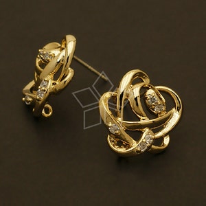 SI-502-GD / 2 Pcs - The Rose Earrings, Gold Plated CZ Flower Ear Posts, 925 Sterling Silver Post / 15mm x 16mm
