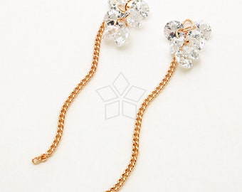 PD-2944-RG / 2 Pcs - Round Cut Cubic Zirconias on Thin Chain Drop Pendant, Rose Gold Plated over Brass / 48mm