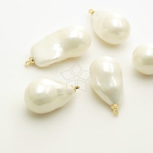 AR-069-GD / 2 Pcs - High Quality Acrylic Large White Baroque Pearl Pendant, Big Drop Pearls with Gold Cap with Loop / 16mm x 34mm
