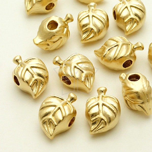 ME-199-MG / 2 Pcs - Chubby Leaf Metallic Bead Charm, Leaf Pendant, Matte Gold Plated over Pewter / 9x14mm