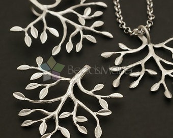 PD-125-MS / 2 Pcs - Silvery Tree Pendant, Branch Necklace Pendant, Matte Silver Plated over Brass / 35x32mm