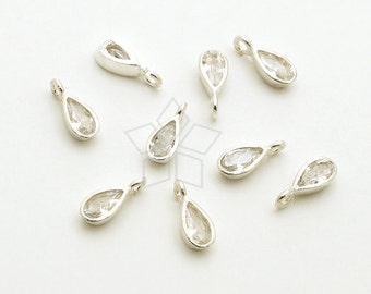 SV-178-SS / 2 stk - Mini CZ Drop Charms (kristal), kleine edelsteen Drop hanger, 925 Sterling Zilver Frame / 2.8 x 6,8 mm