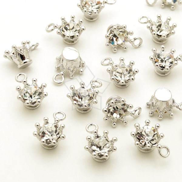 PD-1767-OR / 4 Pcs - Tiny Rhinestone Crown Charms, Tiara Charm Pendant (Crystal), Silver Plated over Pewter / 7.7mm x 10mm