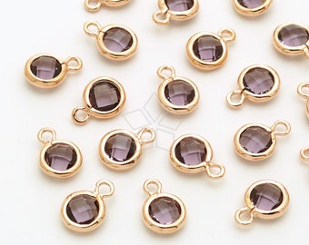 PD-3052-RG / 2 Pcs - Tiny Birthstone Charms, February Birthstone, Amethyst Gemstone Round Pendant, Rose Gold Plated Brass Bezel / 5.3mm