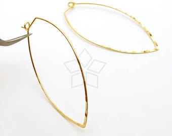 EA-228-GD / 2 Pcs - Hammered Marquise Wire Earring Hooks, Hoop Earrings, Almond Shaped (Large), Gold Plated over Brass / 28mm x 53mm