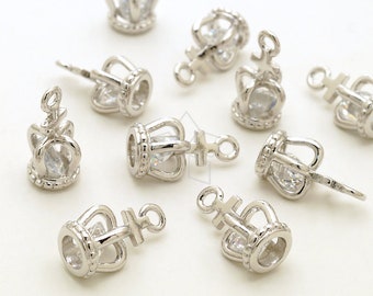 PD-041-OR / 2 Pcs - Tiny Cubic Zirconia Crown Charms, CZ Tiara Charm Pendant, Silver Plated over Brass / 7.5mm x 13mm