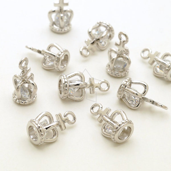 PD-041-OR / 2 Pcs - Tiny Cubic Zirconia Crown Charms, CZ Tiara Charm Pendant, Silver Plated over Brass / 7.5mm x 13mm