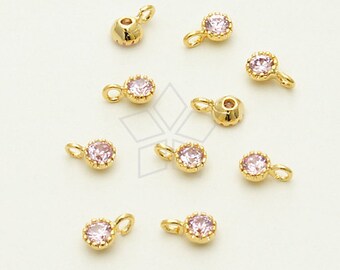 PD-732-GD / 4 pezzi - Piccolissimi ciondoli rotondi in zirconi (rosa), placcati oro su ottone / 3,2 mm x 5 mm